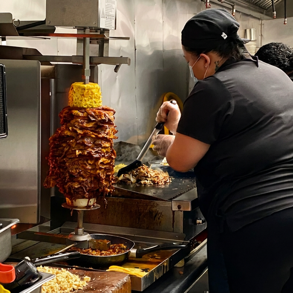 Restaurant cooks prepare meat and pineapple on a vertical spit beside a hot griddle in a busy commercial kitchen.