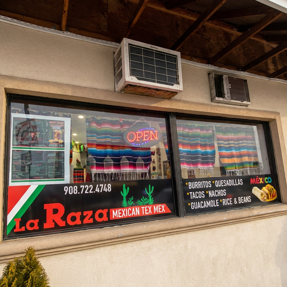 Exterior window of La Raza Mexican Tex Mex restaurant displaying colorful blankets, an open sign, menu, and food offerings.