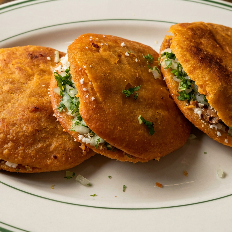 Three golden fried stuffed pastries filled with chopped greens, onions, and crumbled cheese on a white plate.